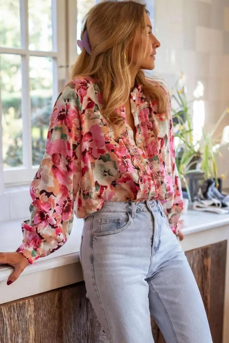 Frill Floral Button Down Long Sleeve Shirt - Love Salve